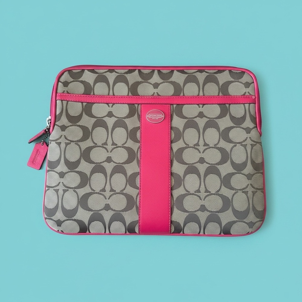 Coach Laptop Sleeve Womens Tablet Case Khaki Pink Canvas Leather Signature C Y2K